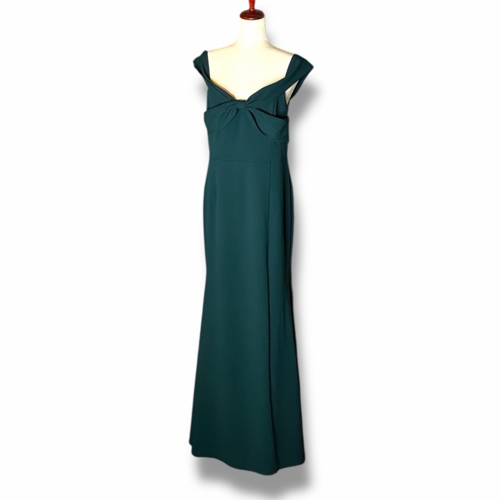 Lulu’s Forest Green Off Shoulder Bow Front High Slit Maxi Gown Size XLarge