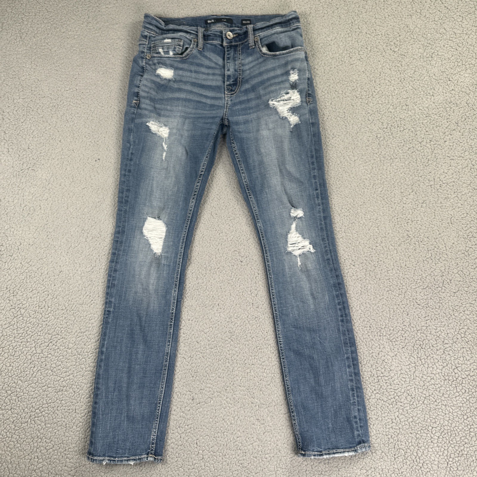 BKE Buckle Alec Slim Straight Jeans Men 32×32 Blue Stretch Whiskered Distressed