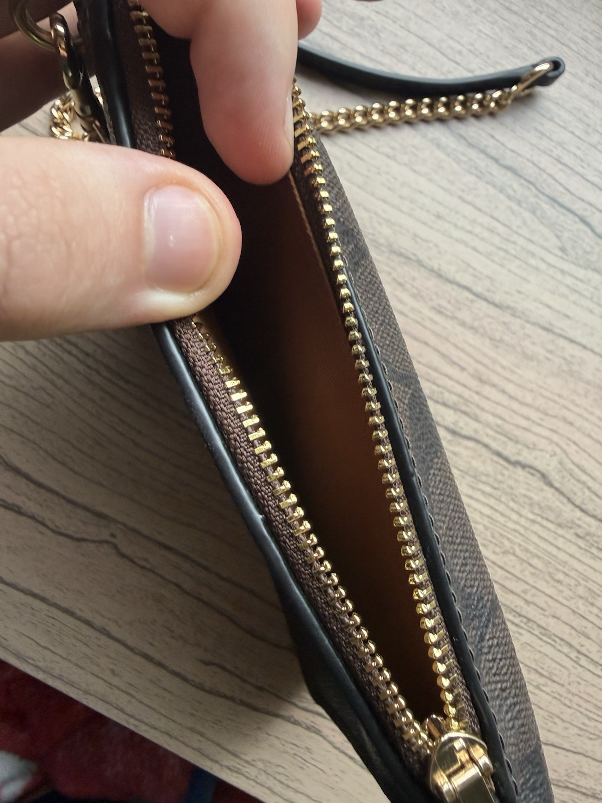 COACH C7397 North South Phone Crossbody Signature Canvas Brown Black Gold Chain