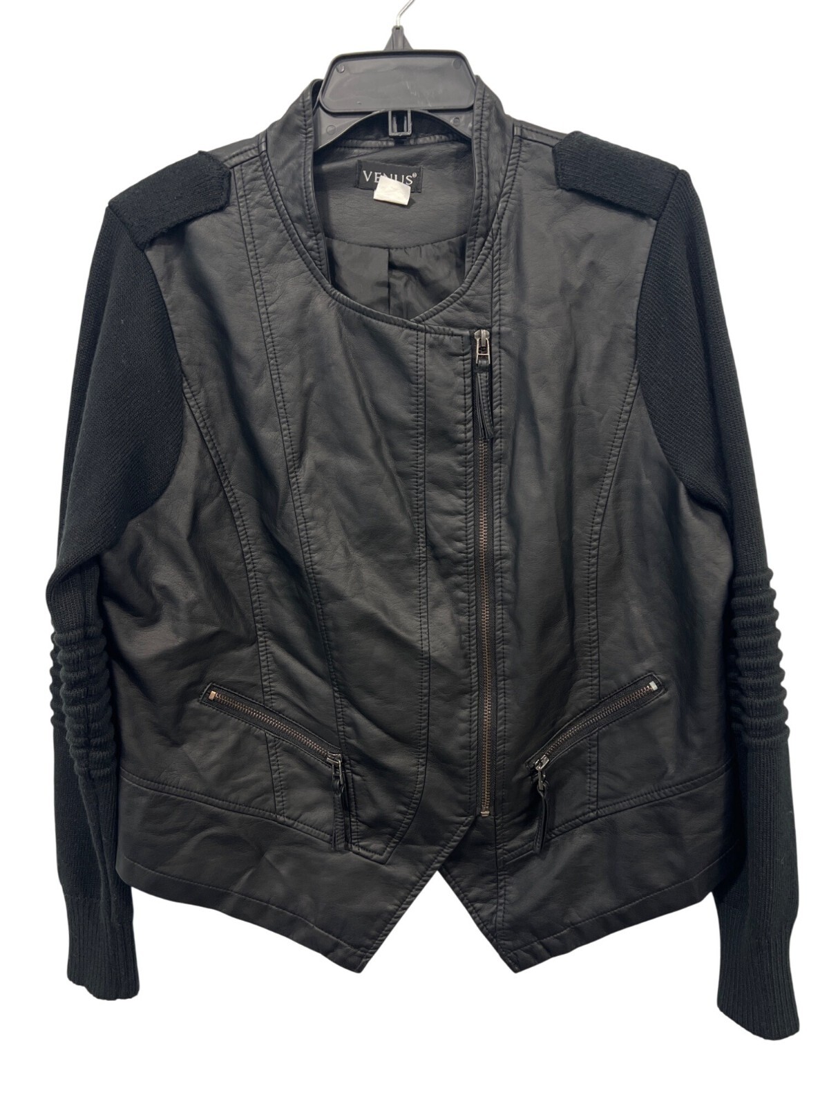 Venus Faux Leather Moto Jacket Women XL Black Knit Sleeve Retro Biker Grunge Emo