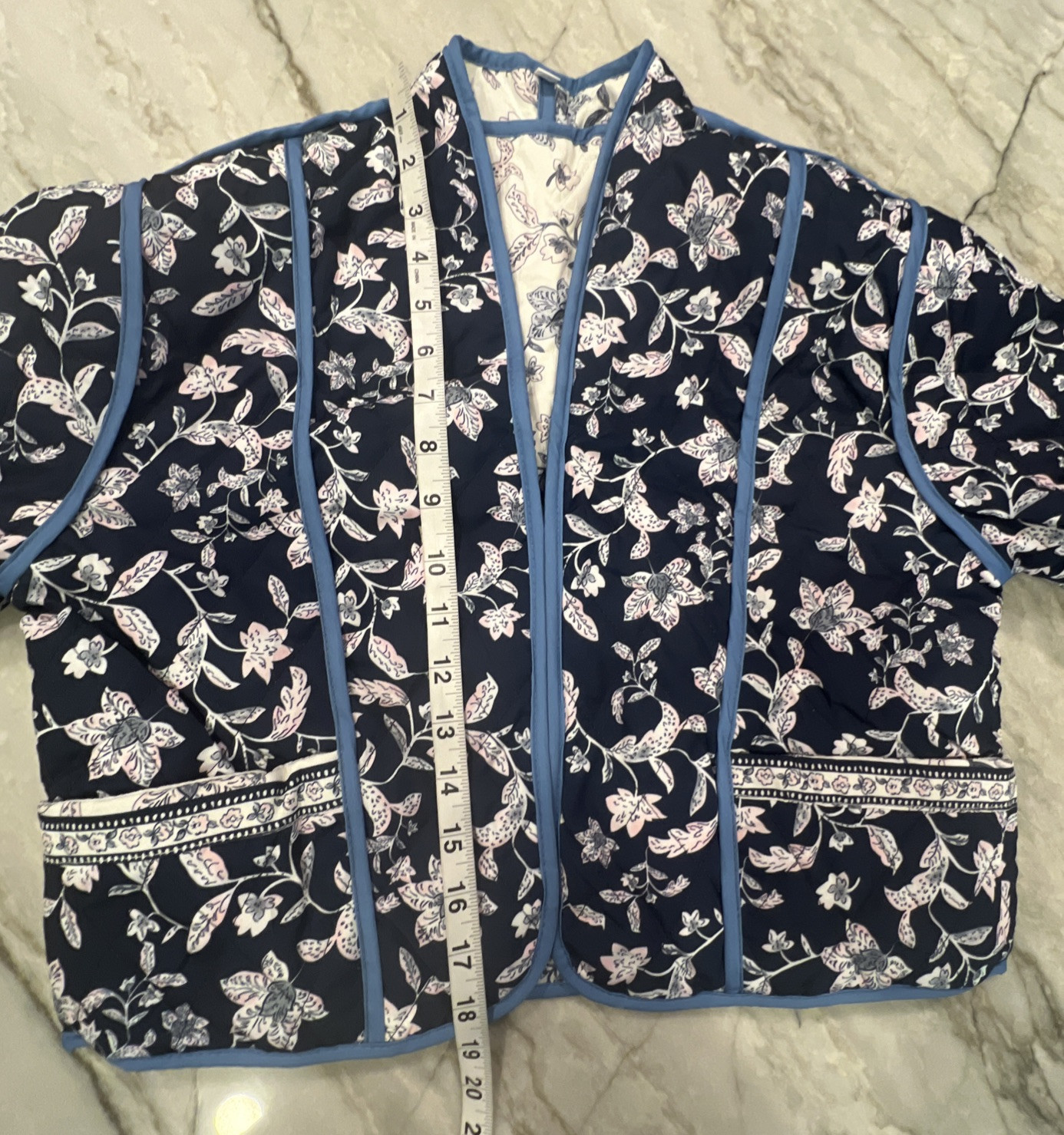 Reversible Quilted Jacket Cropped Sz MED* Navy Blue Floral Ivory/Pink