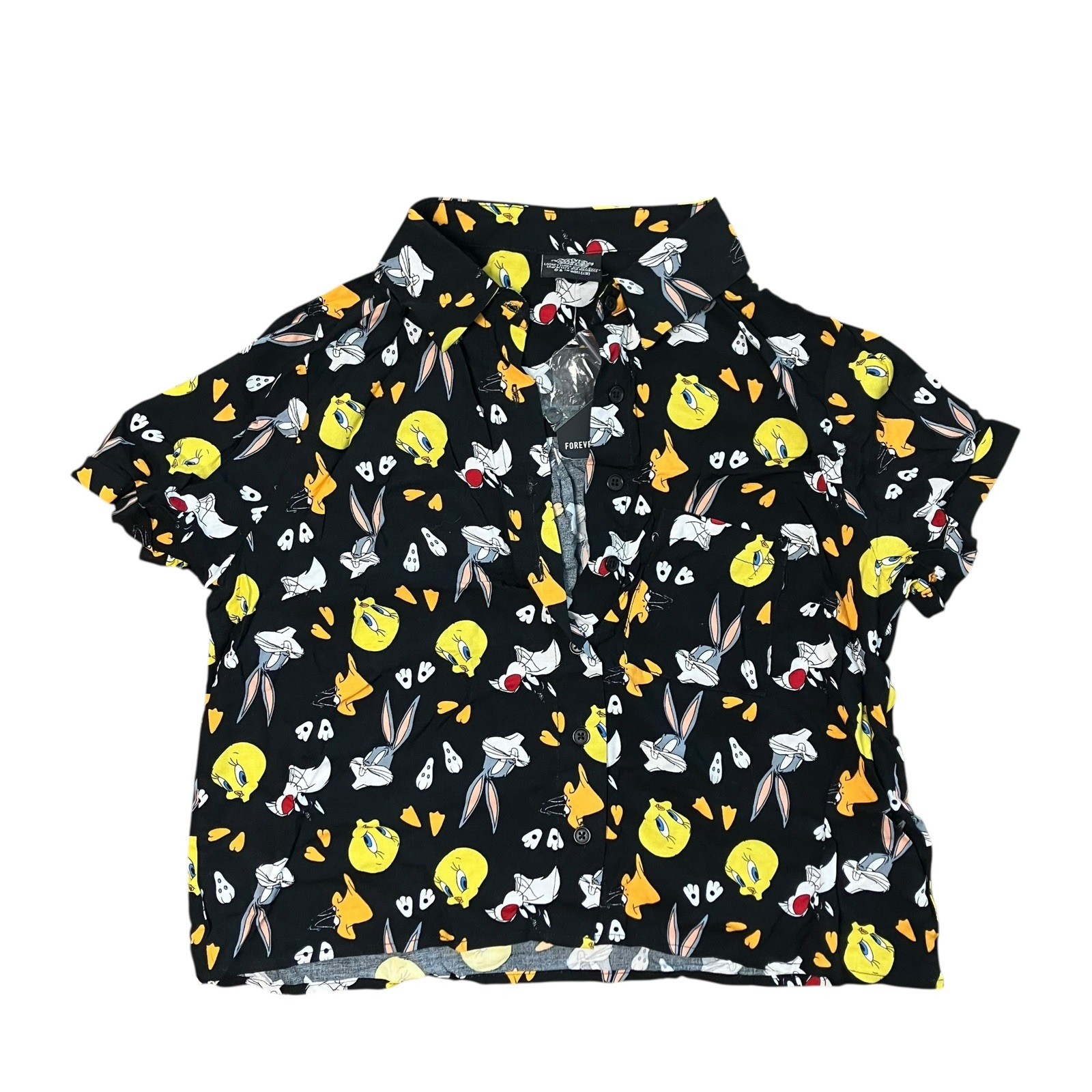 Looney Tunes Shirt Womens Black Button Up Cartoon Novelty Sz M Tweety Bugs