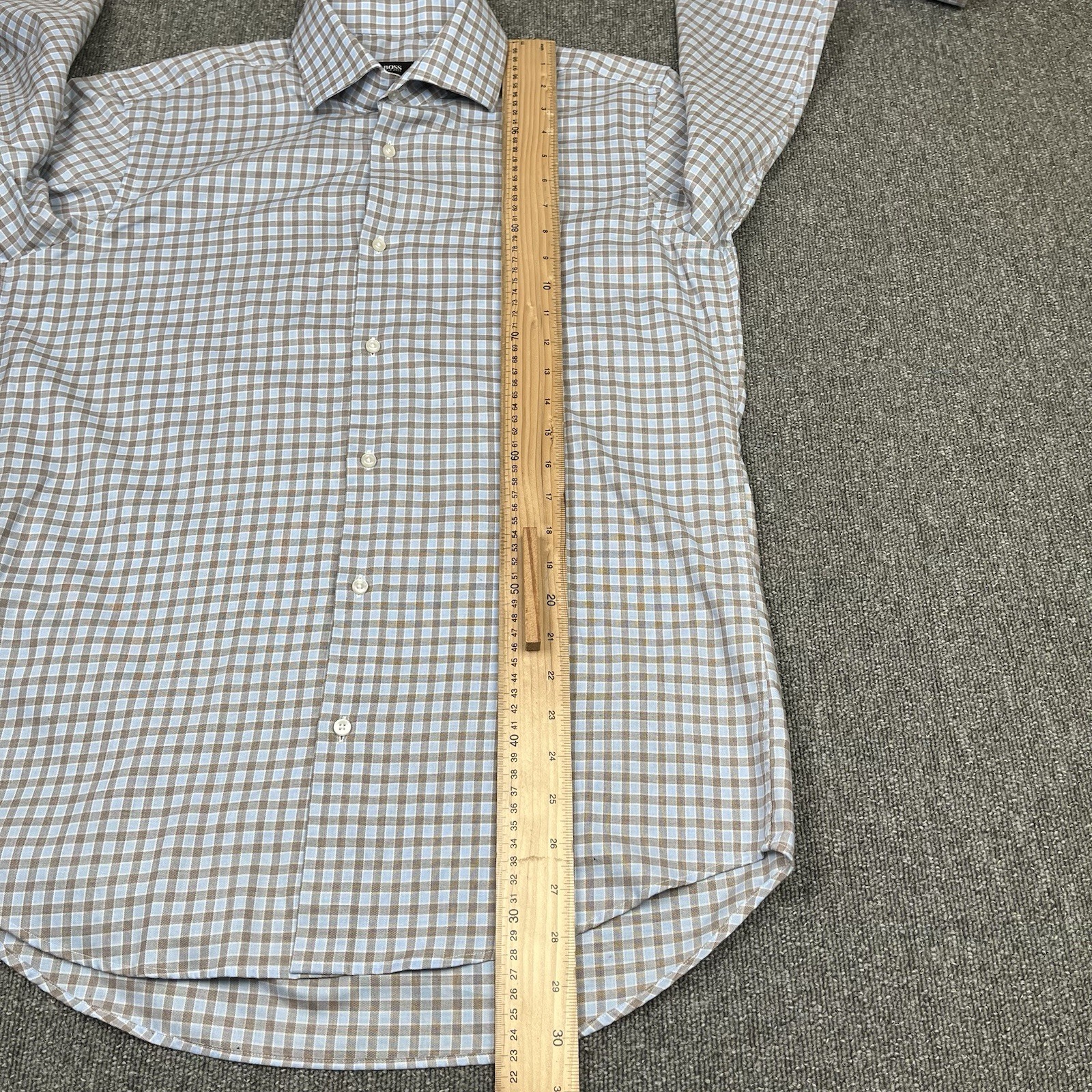 Hugo Boss Shirt Mens 40 Blue Check Gerald Regular Fit Barrel Cuff Easy Iron