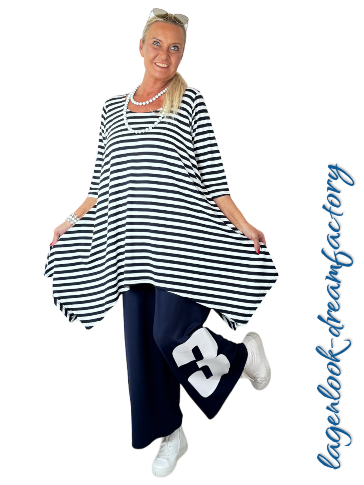 Layered Look A-Line Long Tip Tunic Navy White 5 Sizes 42 44 46 48 50 52 54