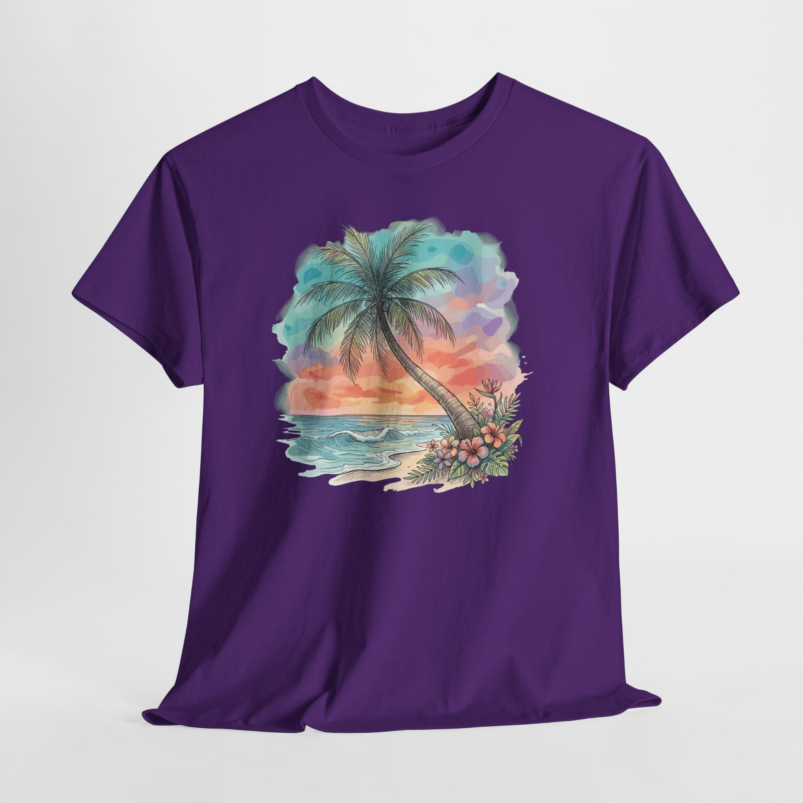Sunset Beach Palm Tree Ocean Gift Graphic T Shirt Tee Top S-XL, Plus 2X 3X 4X 5X