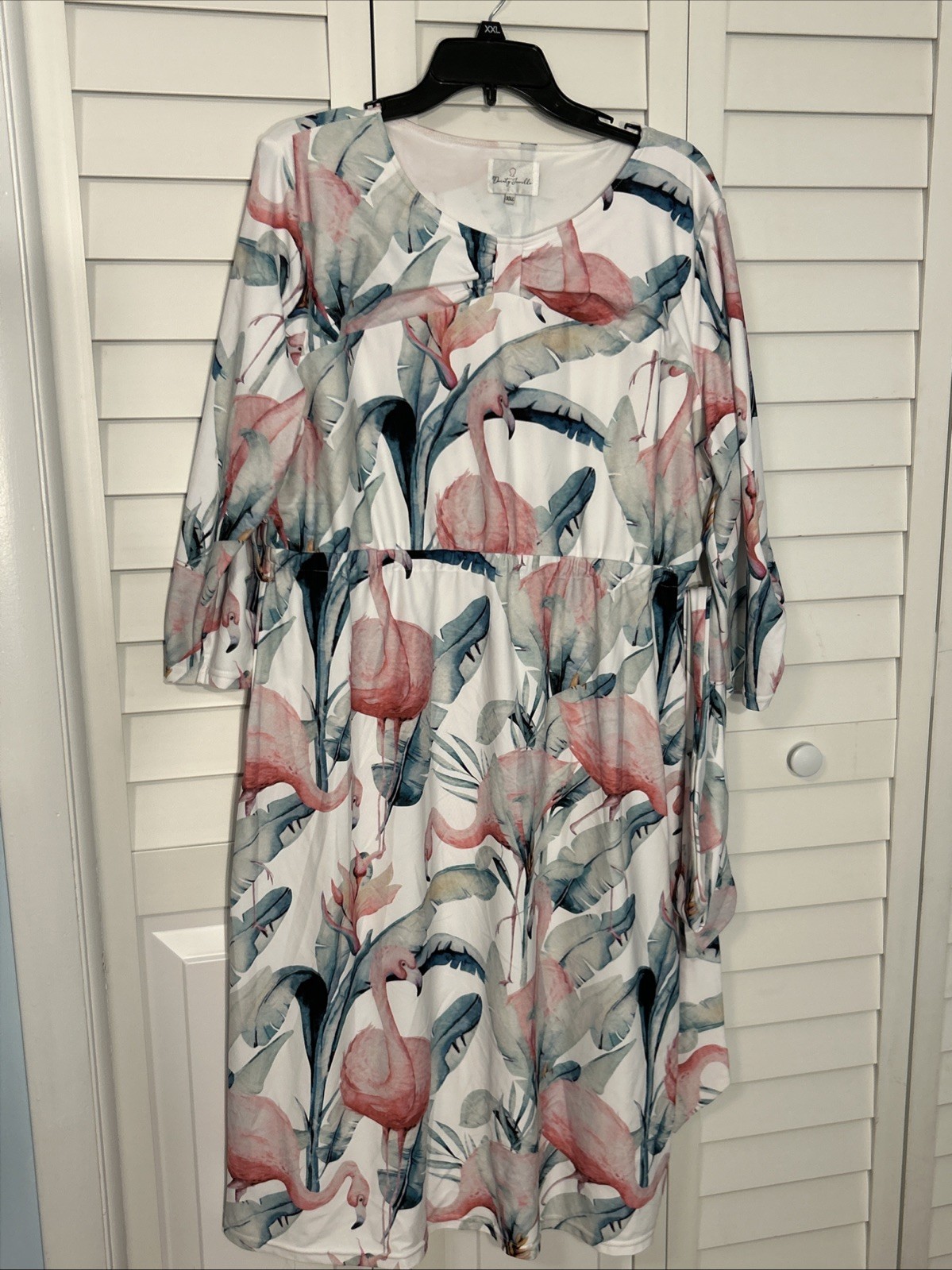 Pink Flamingo Palm Tree Dress XXL Plus Size Dainty Jewells White Pink Blue