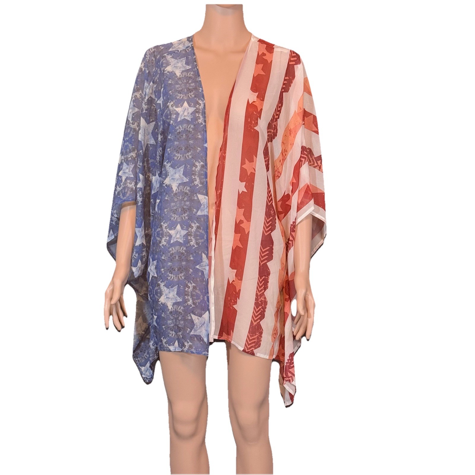 Patriotic American Flag Print Kimono Cover-Up Cardigan Lightweight Sheer Fabric