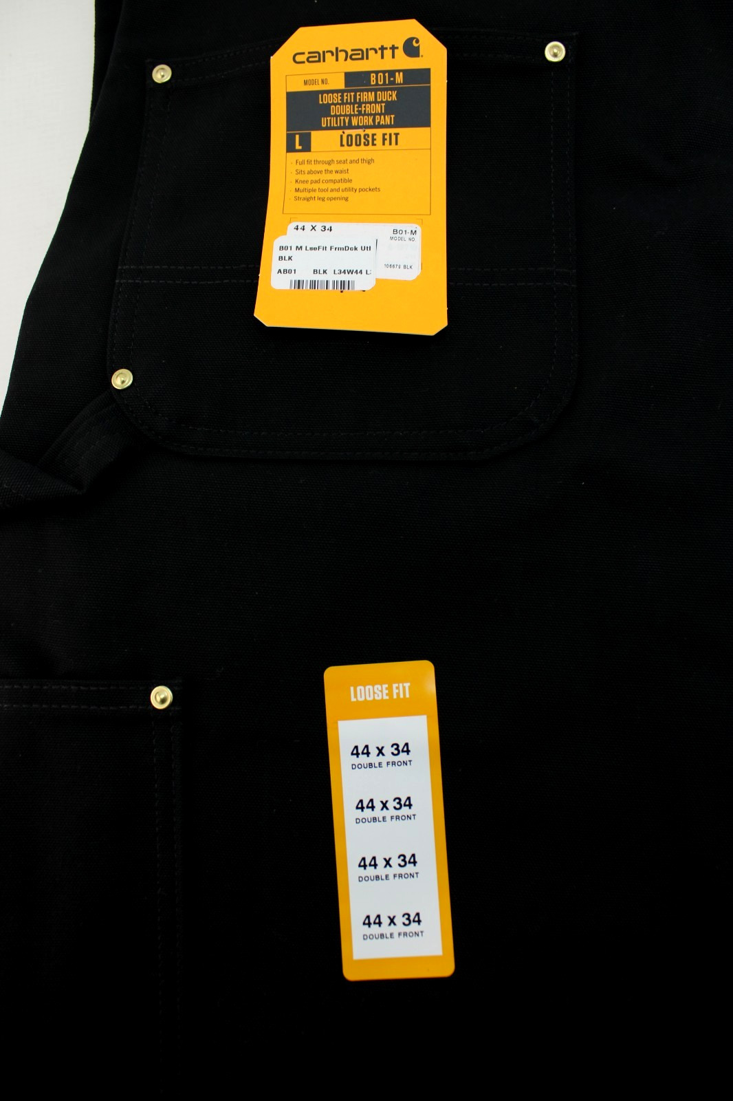 NWT CARHARTT Men’s Size 44 x 34 Loose Fit Double Knee Black Firm Duck Work Pants