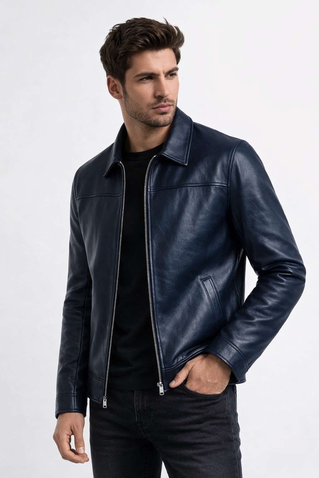 Men’s Genuine Leather Jacket Classic Zip Up Casual Biker Bomber Outerwear Coat
