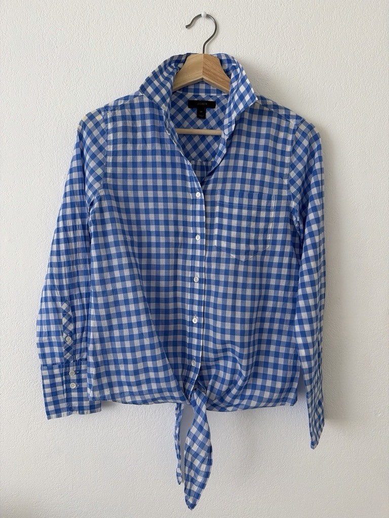 J.CREW Blue/White Gingham Collared Tie-Front Long Sleeve Blouse Womens 0P