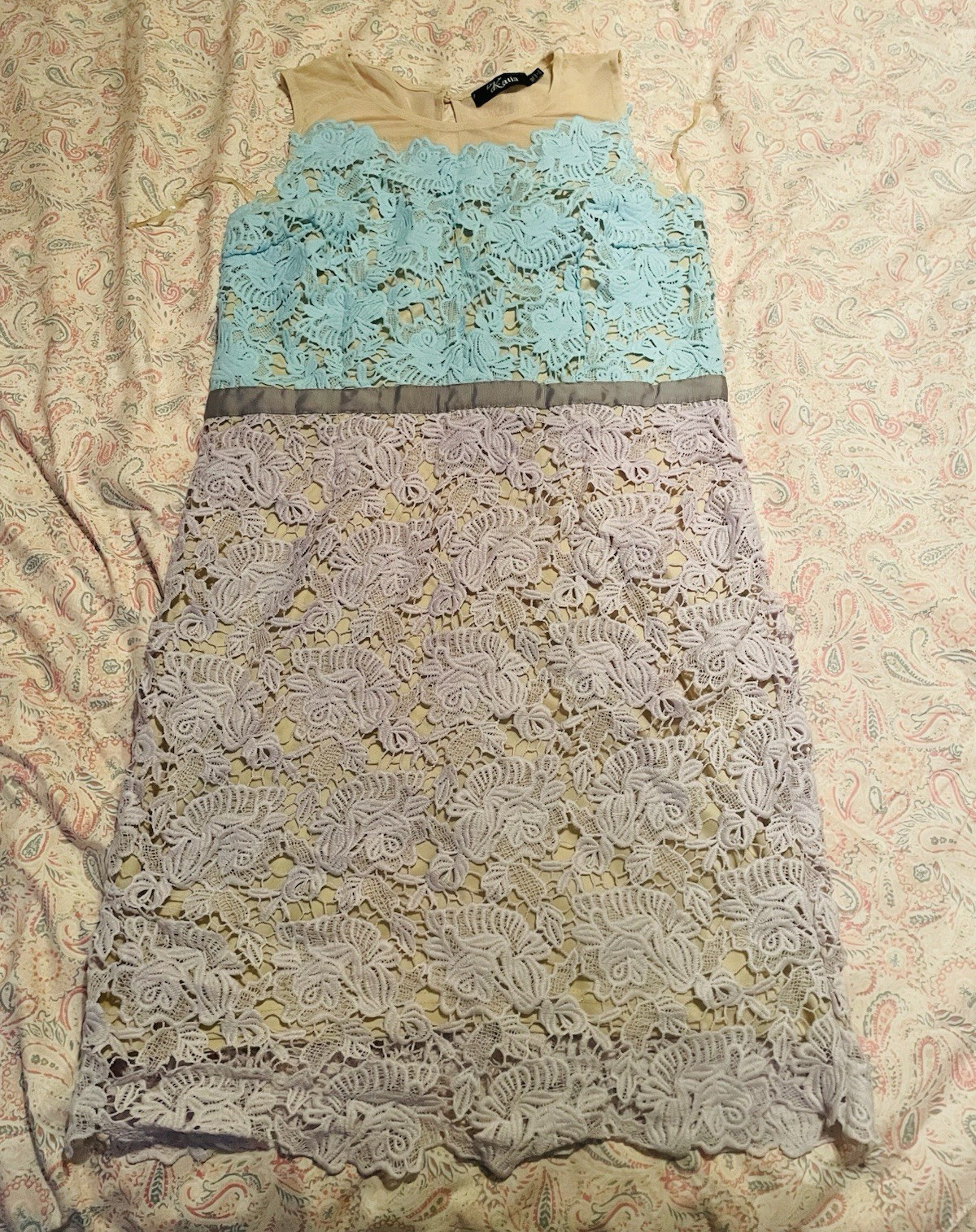 Katia Sheath Dress Womens XL Blue Purple Beige Floral Lace Mesh Zip Sleeveless