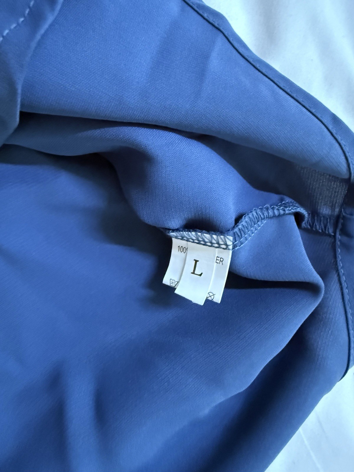 Women’s L Blue Lightweight Short Sleeve Summer Blouse: Work button detail ruffle