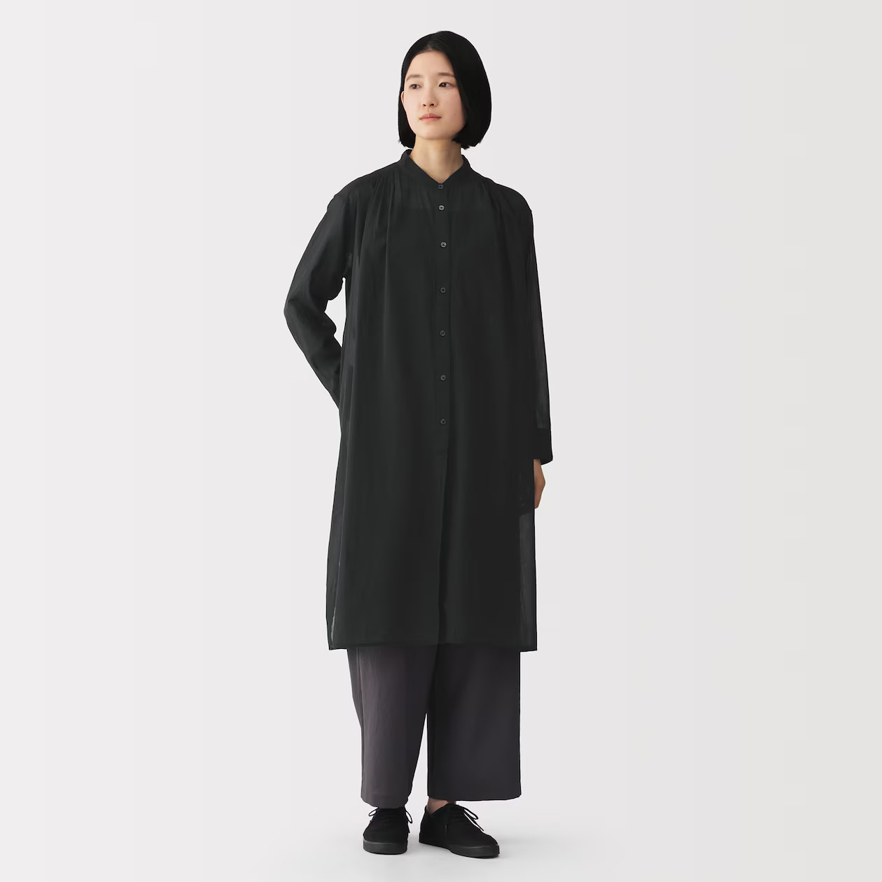 MUJI Womens 100% Organic Cotton Sheer Shirt Dress Black FedEx