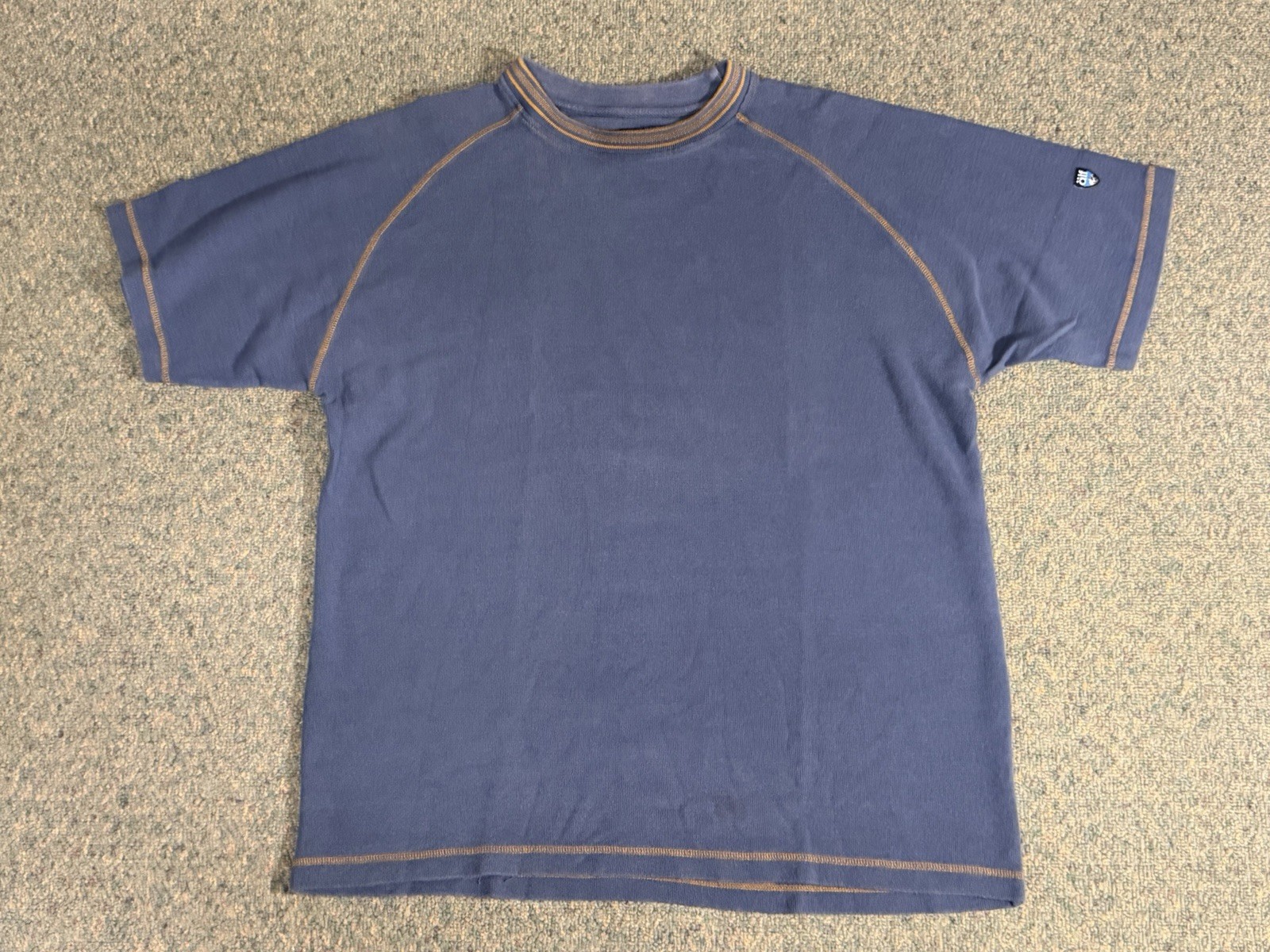Vintage 90s Alf Kuhl Waffle Knit T Shirt Mens L Blue Jacquard Embroidered Collar
