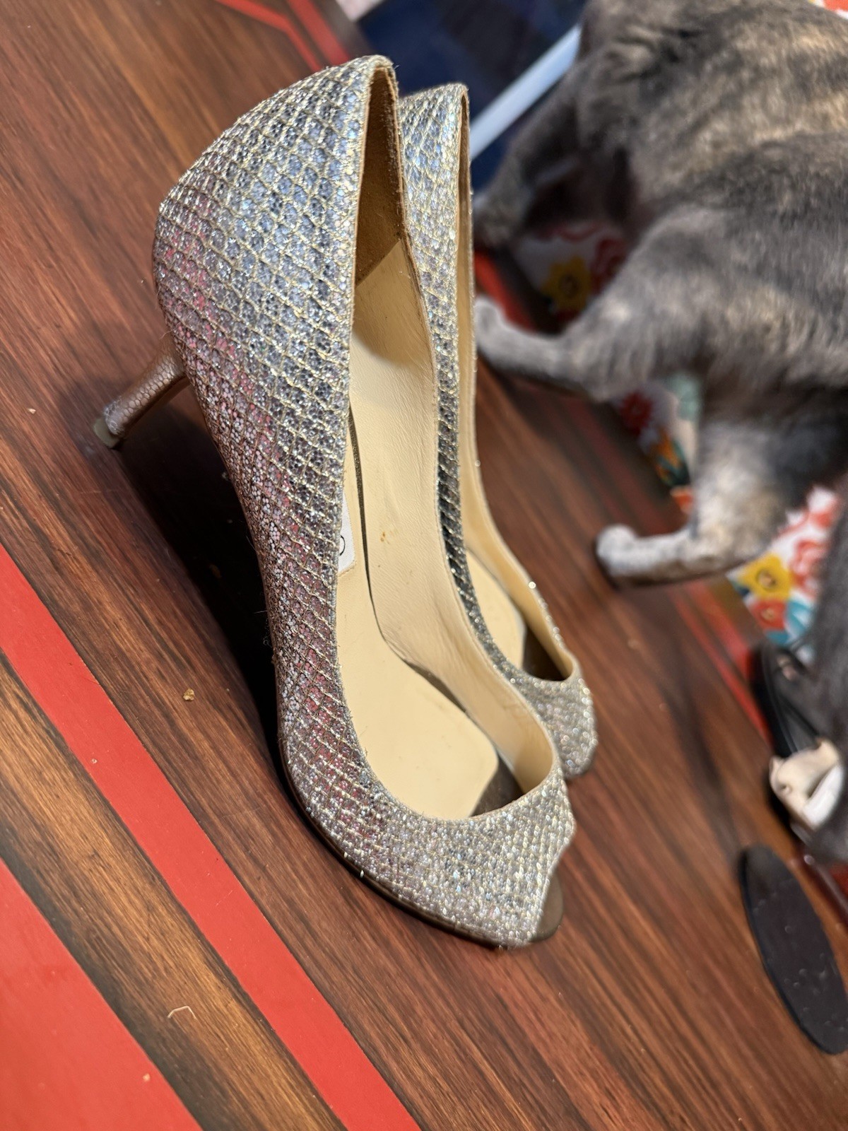 Jimmy Choo Silver Glitter Peep Toe Stiletto Pumps Women’s US 5.5