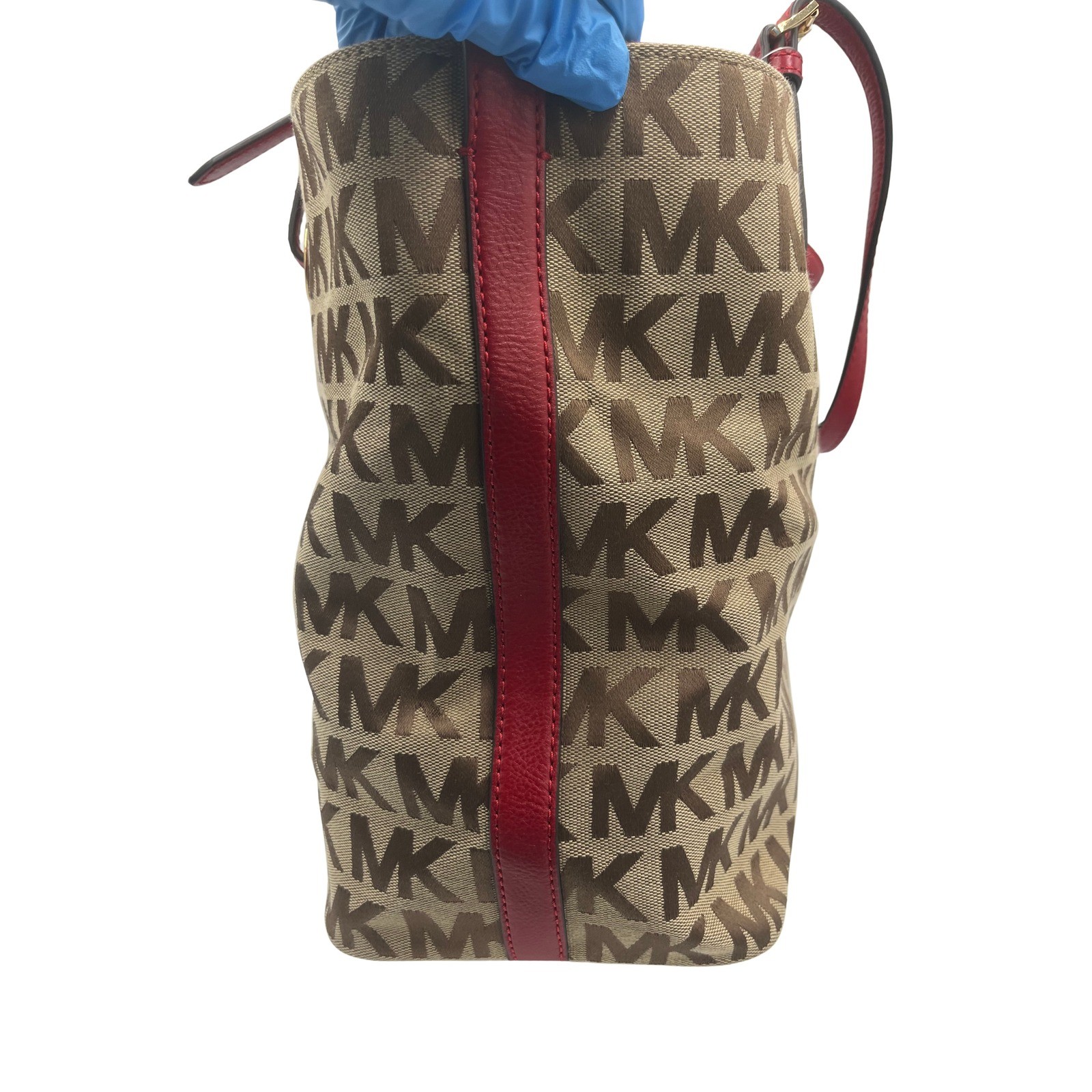Michael Kors Monogram Jacquard Tote Bag Beige Red Leather Gold Hardware BFSQ1K