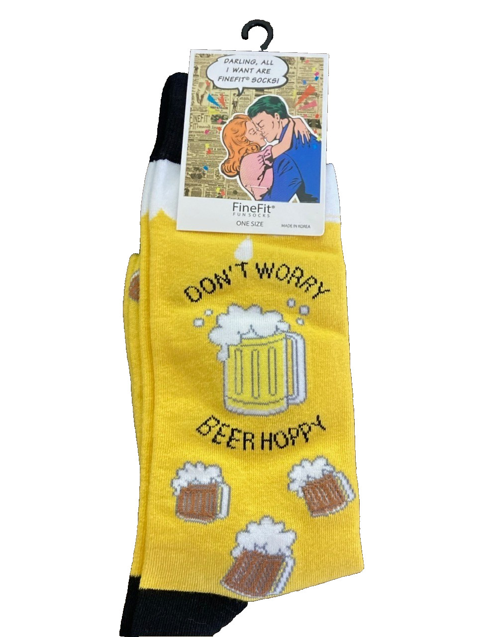 FineFit Fun Socks Dont Worry Beer Hoppy Yellow Novelty Crew Socks One Size NEW
