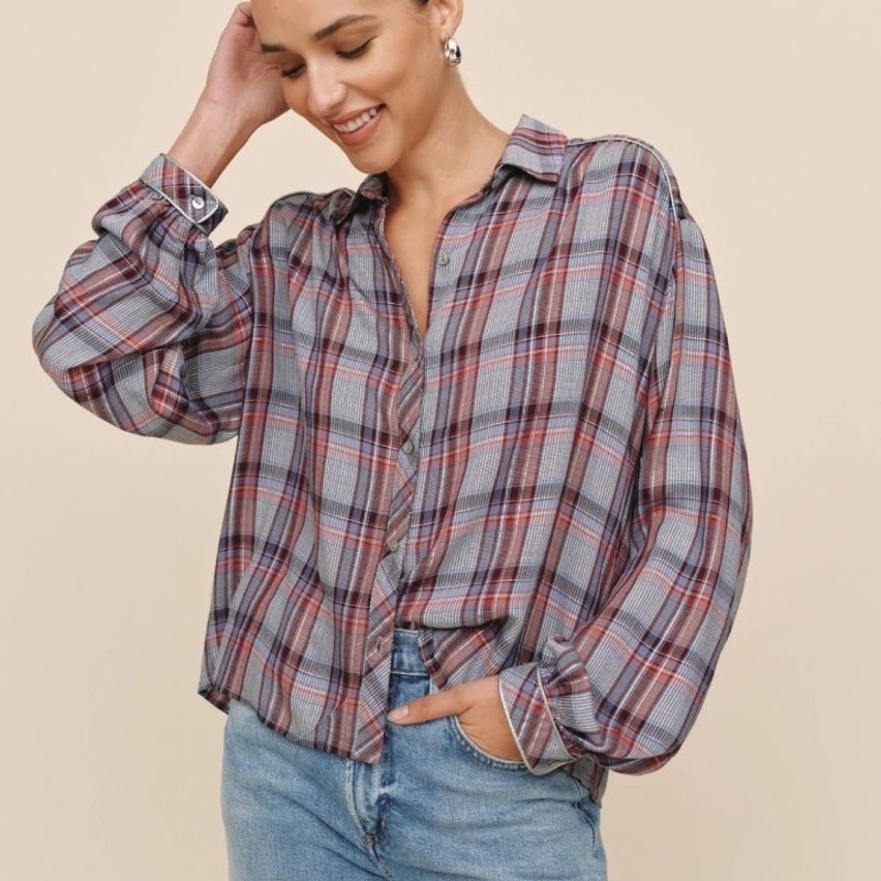 Bella Dahl Trimmed Flowy Top Womens Large Multicolor Plaid Shimmer Preppy Shirt