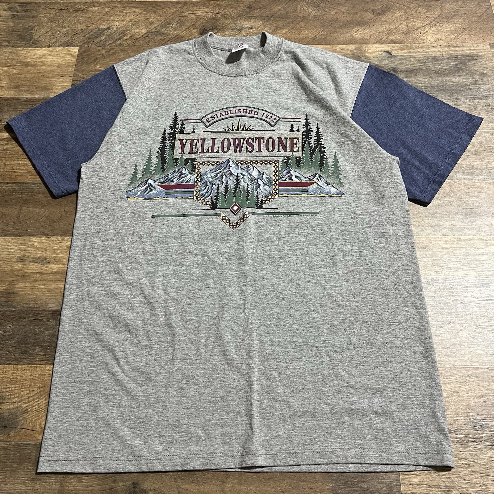 Vintage 90s Jerzees Yellowstone Mountains Graphic Tee T-Shirt VTG Mens L Large
