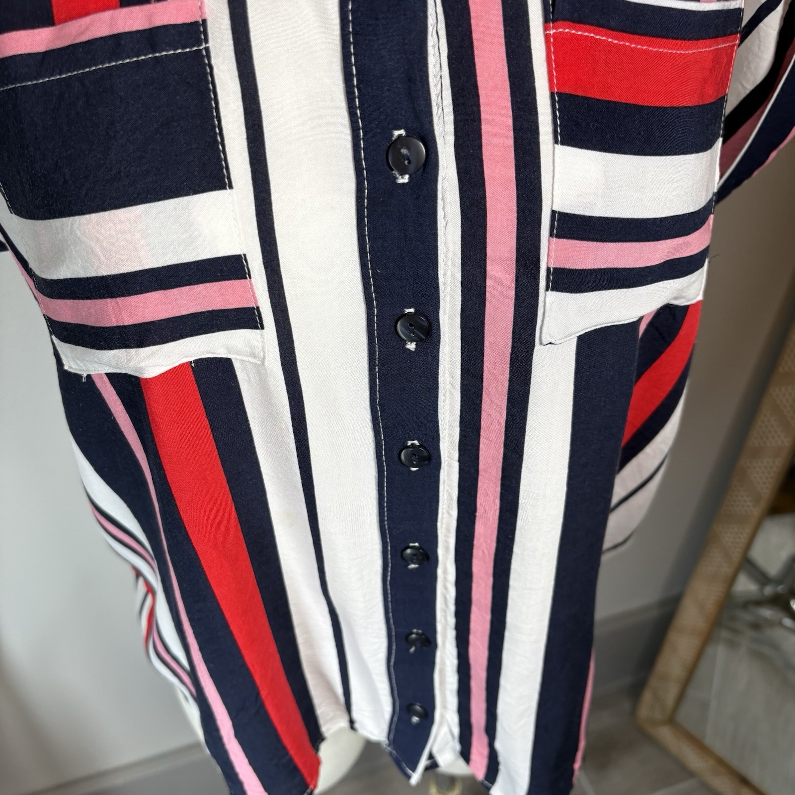 Love Notes Women’s Large ~ Red Pink Blue White Striped Button Up Blouse