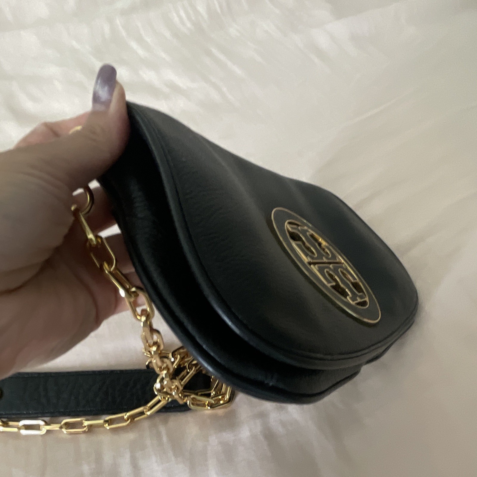 Tory Burch Black Logo Small Crossbody Shoulder Bag Gold Chain Magnetic Flap