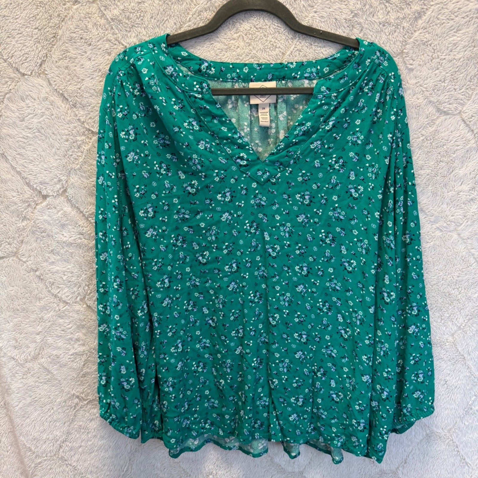 Green Ditsy Floral Long Sleeve Blouse Cottagecore Boho Spring Fall Plus Size 2X