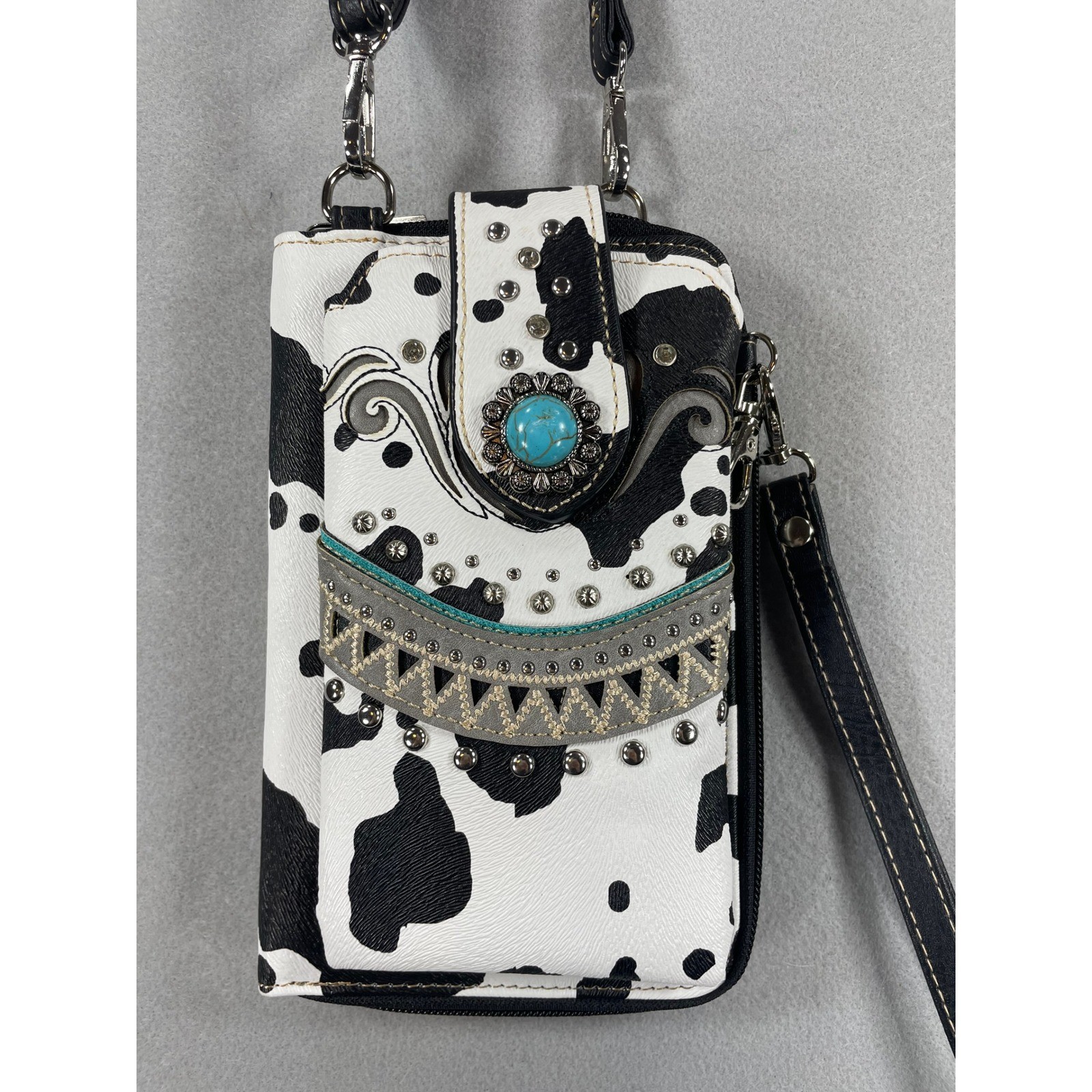 Western Cow Print Crossbody Phone Wallet Turquoise Studded Wristlet Bag