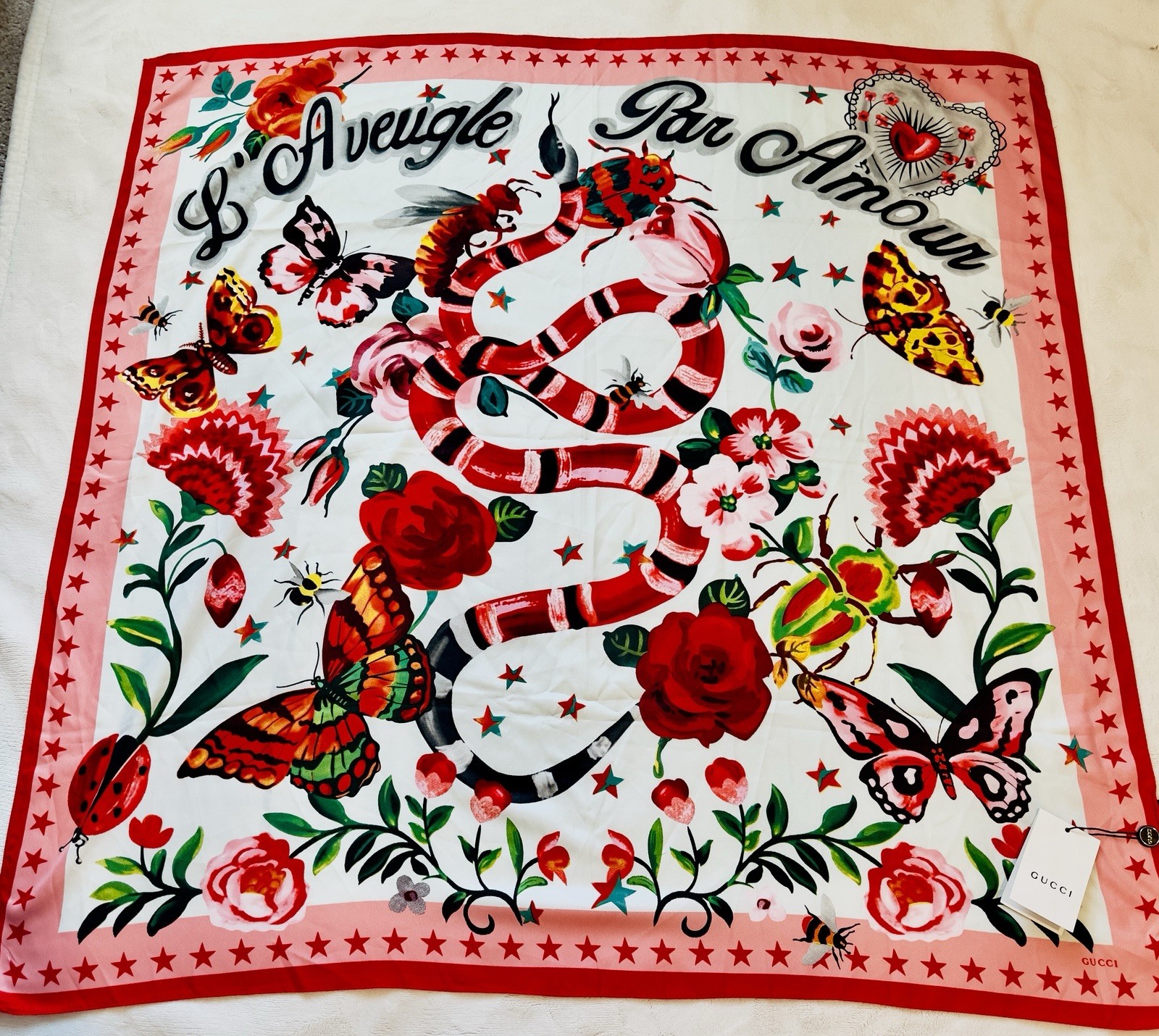 Gucci L’Aveugle Par Amour Floral Snake Butterfly Square Satin Silk Scarf