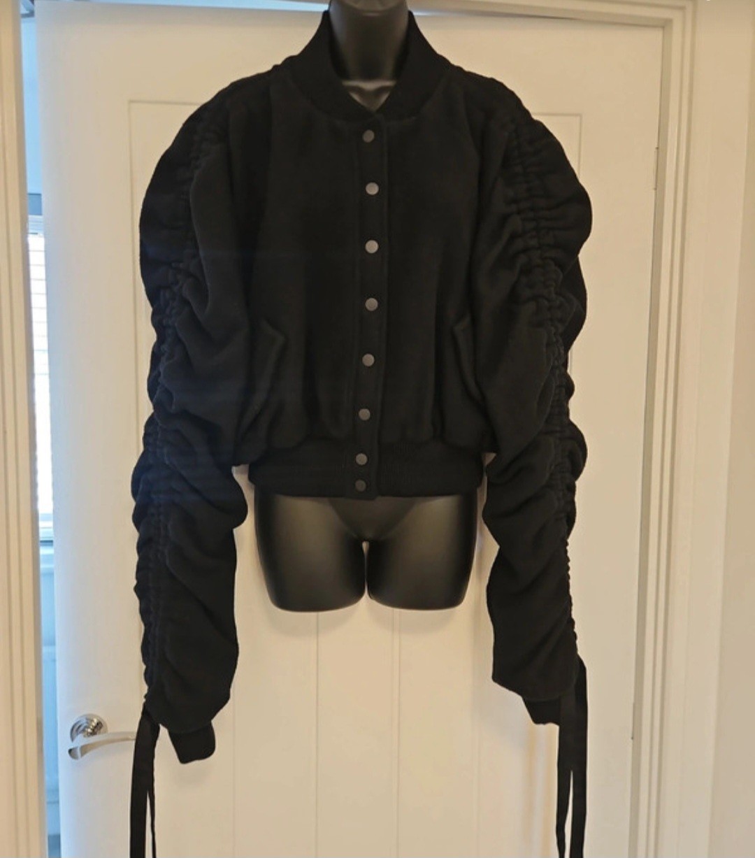 Magda Butrym Clarice Ruched Black Bomber Jacket. 90% Superfine Wool,10% Cashmere