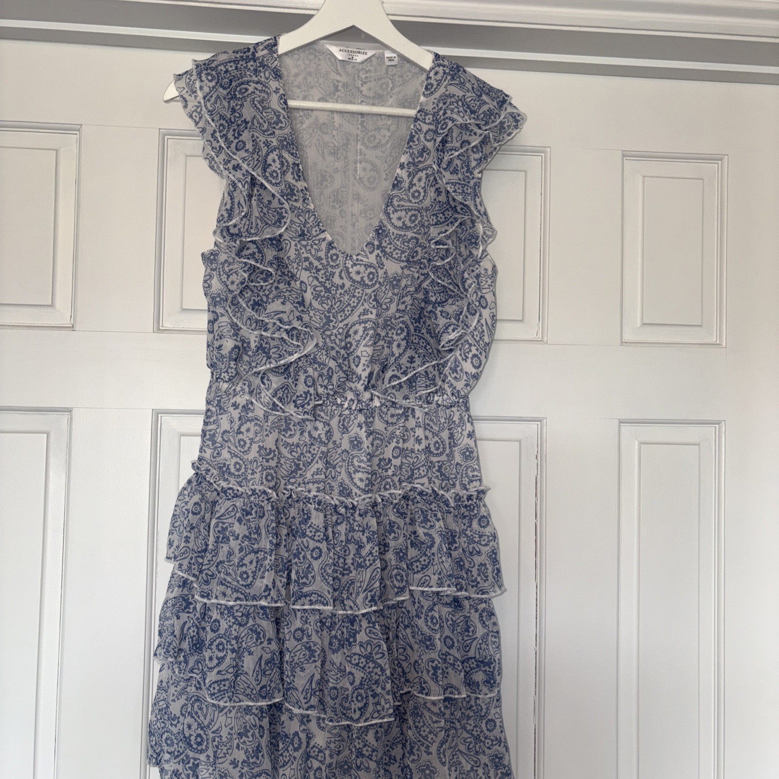 Accessorize London Blue & White Paisley Ruffle Tiered Mini Dress UK M 12-14