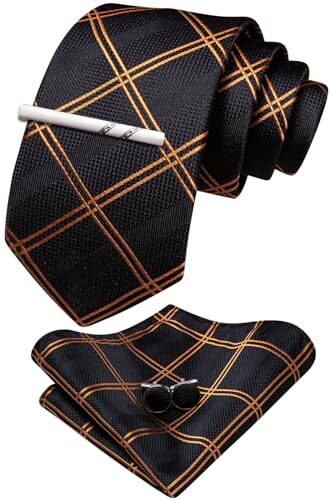 Extra Long Men Tie with Tie Clip Set Solid Plaid Silk Necktie Black Gold