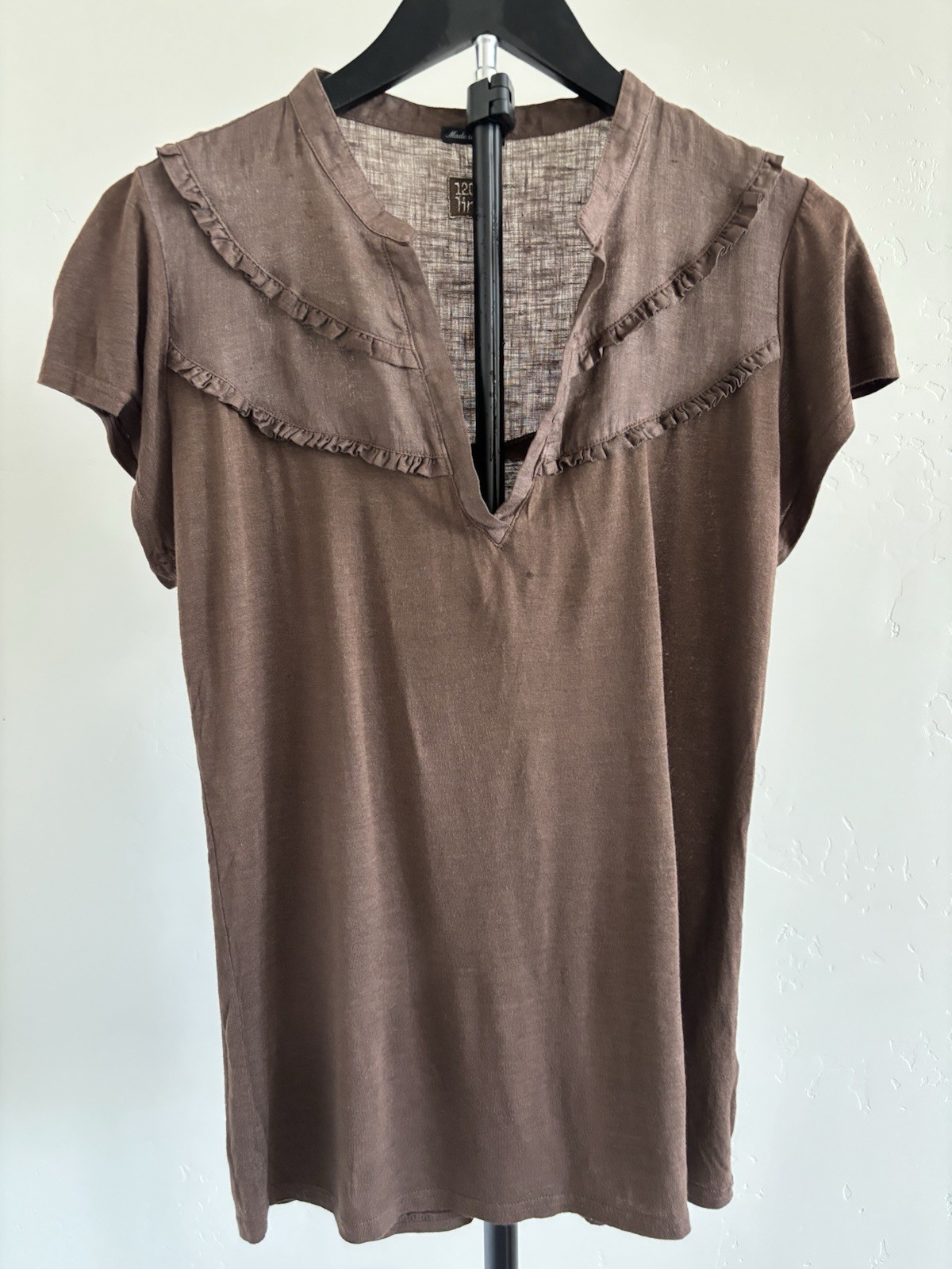 120% Lino Women’s M Brown Solid Linen V-Neck Short Sleeve Ruffle Top Italy