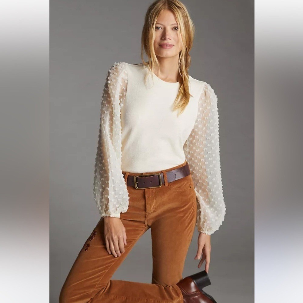 Anthropologie Maeve Textured Long Sleeves Ivory Top Blouse Size M Romantic
