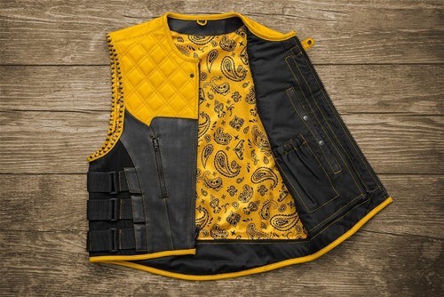 Handmade Leather Biker Vest Yellow Black Quilted Motorcycle Club Style