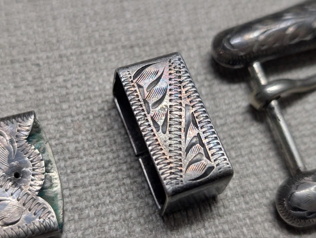 vintage STERLING SILVER belt buckle set 3PC cowboy WESTERN antique ENGRAVED