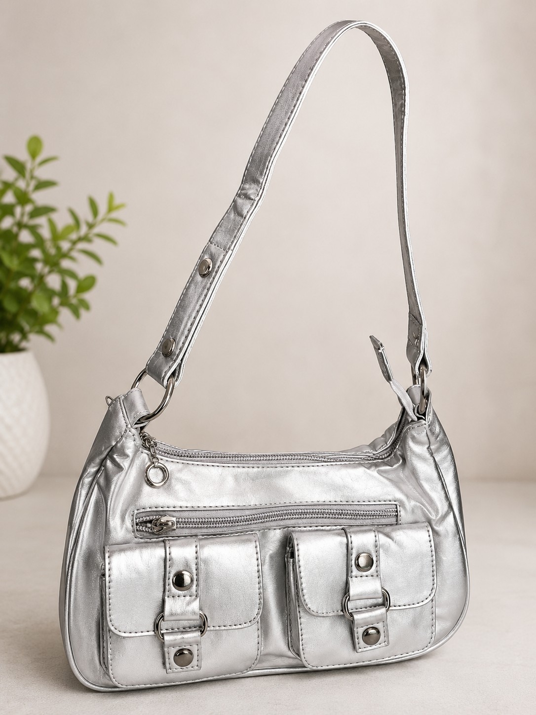 Silver Metallic Baguette Rectangle Shoulder Bag Zip Closure, Front Pockets