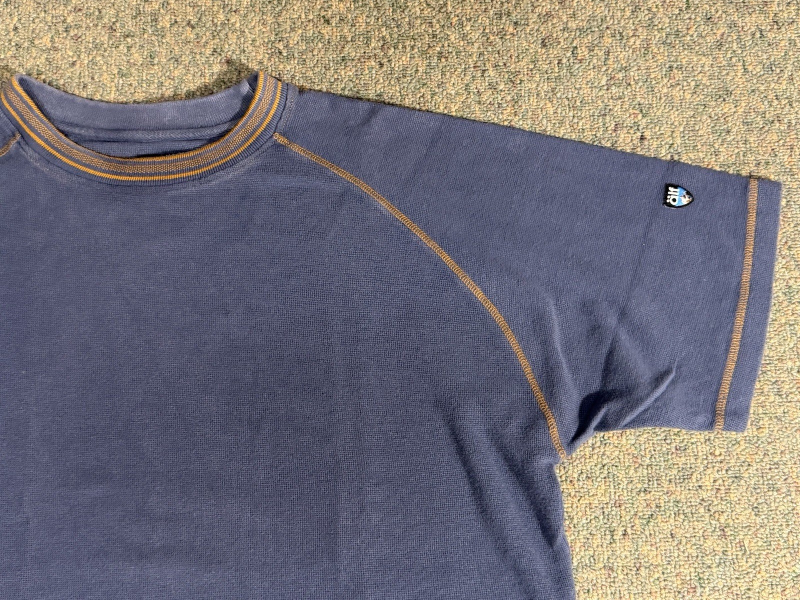 Vintage 90s Alf Kuhl Waffle Knit T Shirt Mens L Blue Jacquard Embroidered Collar