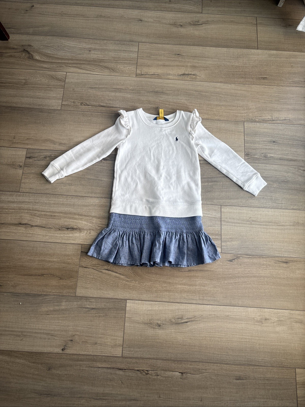 Polo Ralph Lauren Girls Sweater Dress Sz 7 White/blue Long Sleeve Ruffle 102