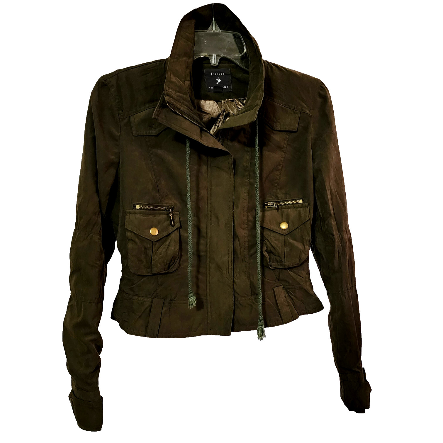 Forever 21 Women Sage Cargo Moto Long Sleeve High Neck Zipper Jacket Size M NWOT