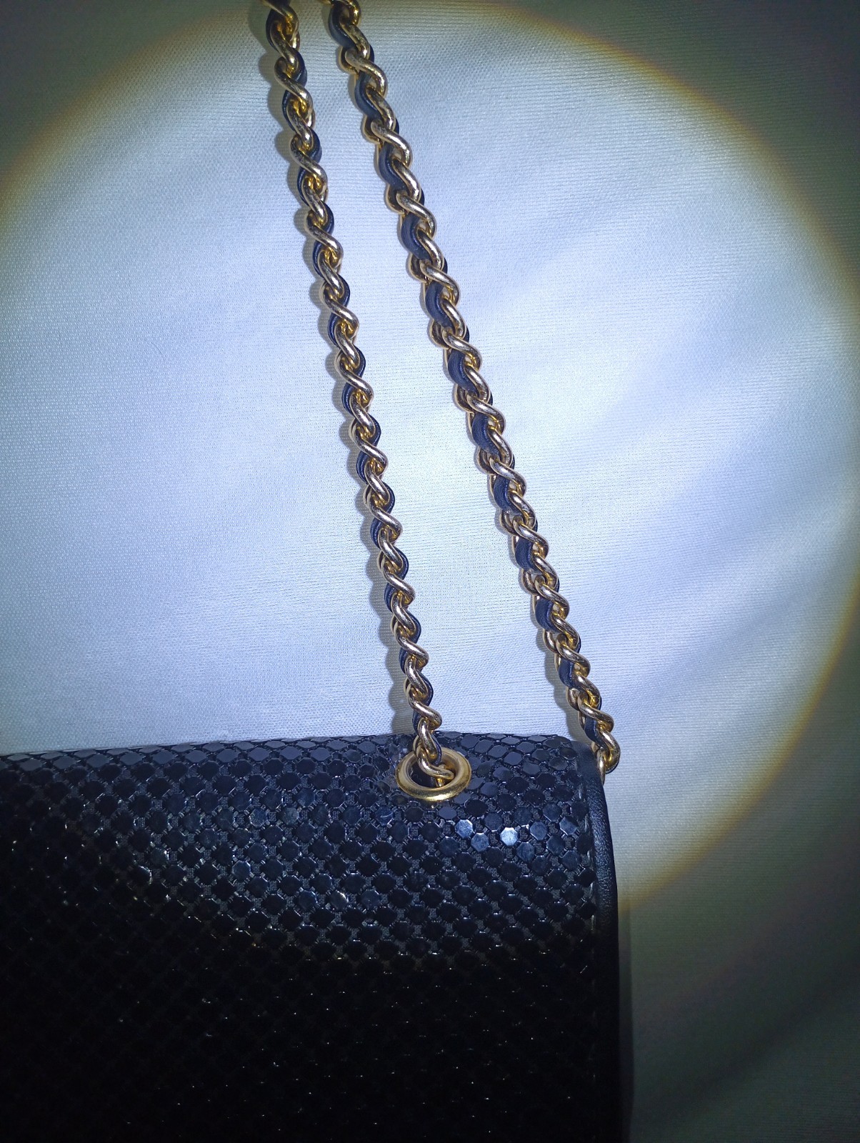 Whiting & Davis Black Metallic Mesh Small Shoulder Bag, Gold Chain Strap Mirror