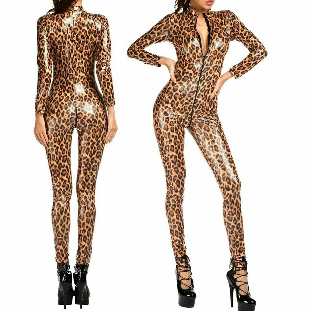 2-Way Zipper Sexy Leopard Print Jumpsuit Leather Wet look Shiny Bodysuit Catsuit