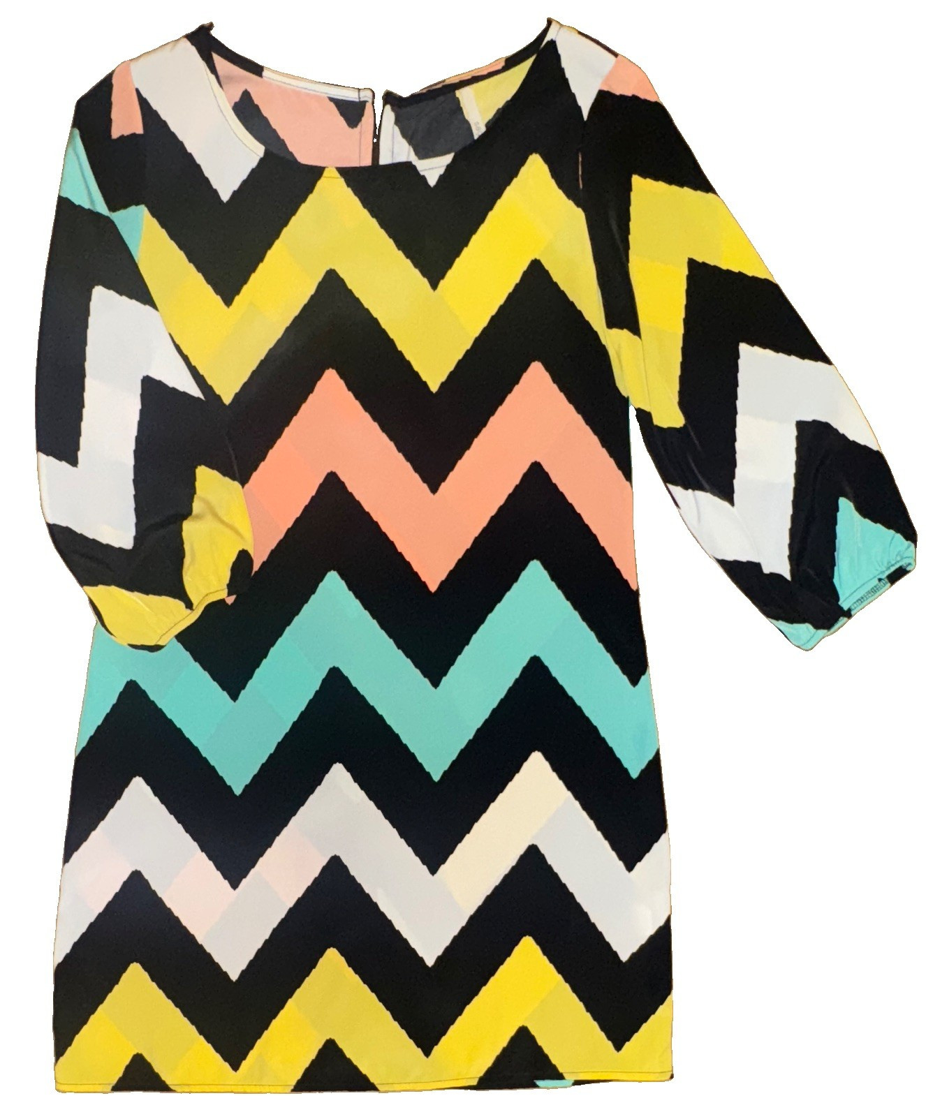 Sage Chevron Dress 3/4 Sleeve Round Neck Back Zip Size Small