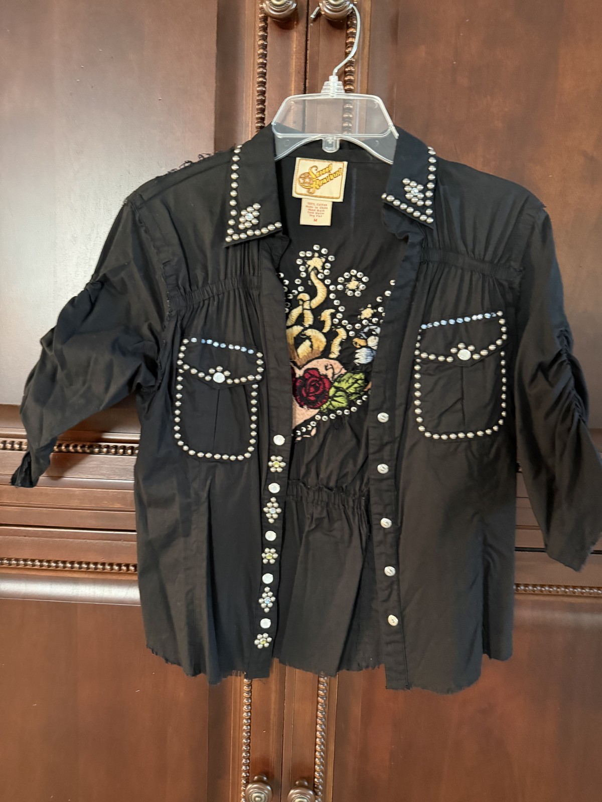 Soul Revival Black Cotton Western Snap Shirt Rhinestone Studs Embroidered M