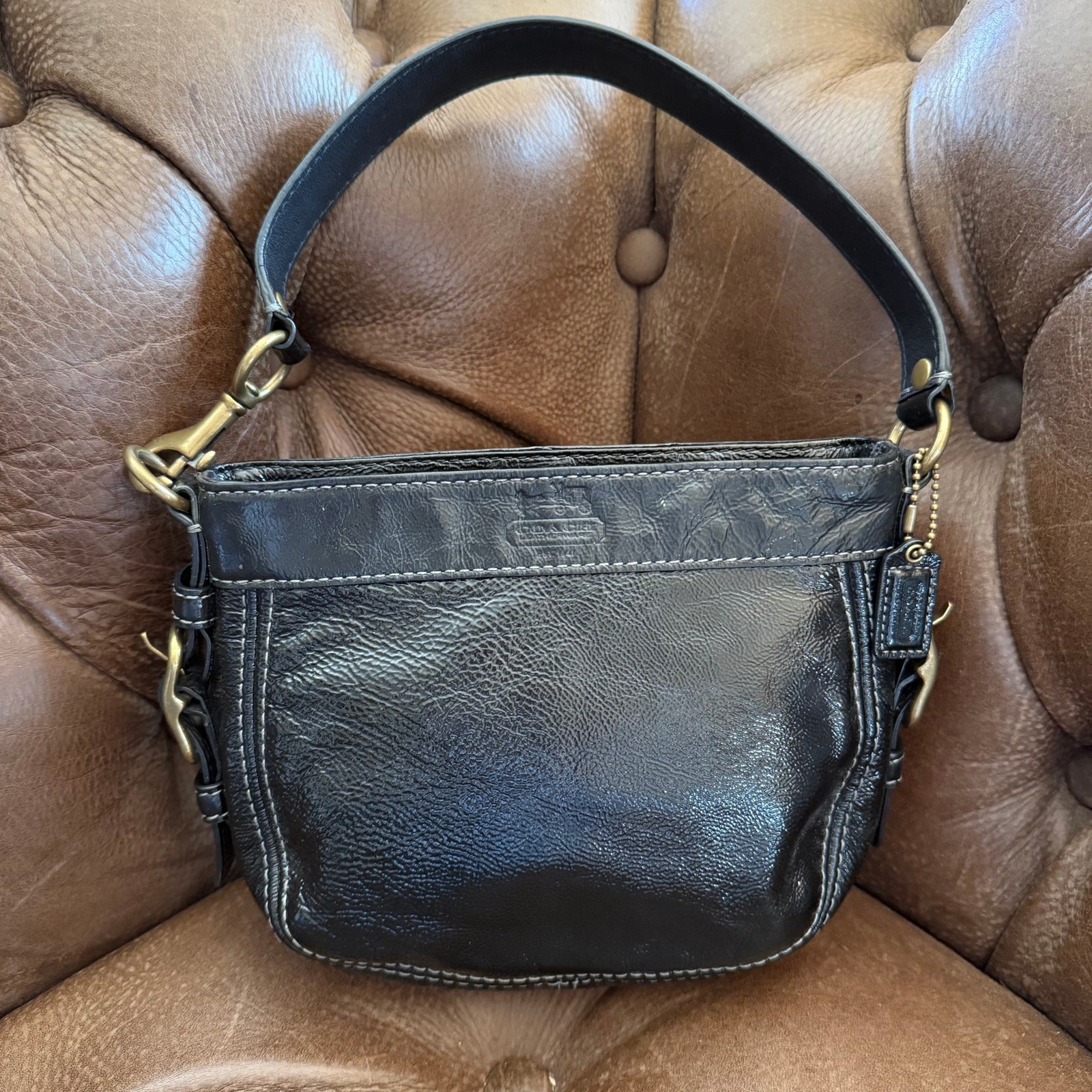 Coach Zoe Shoulder Bag 41869 Black Crinkled Patent Leather Y2K