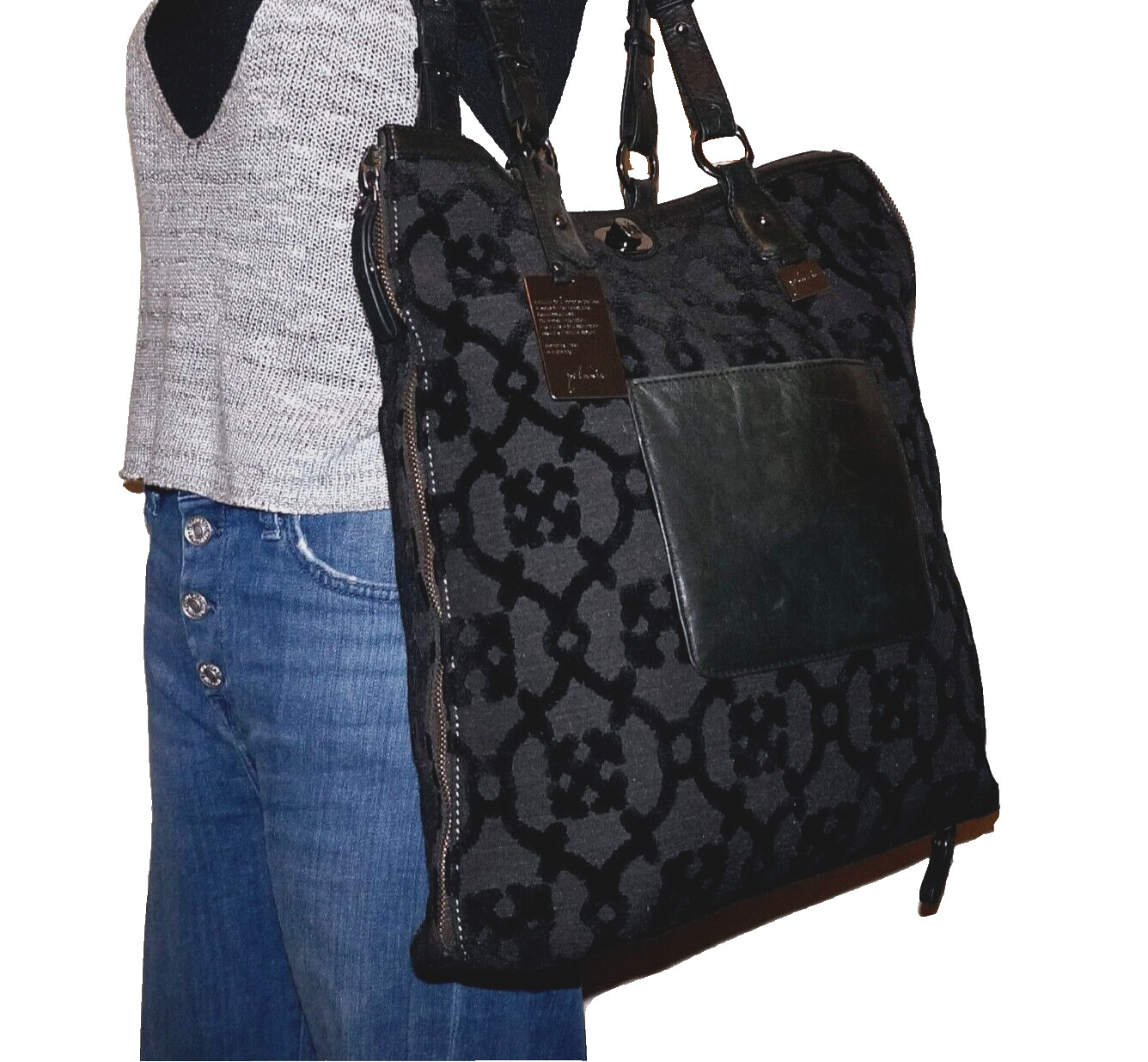 PETUNIA Large Black Velour-Canvas Textile & Leather Tote Handbag 15×12