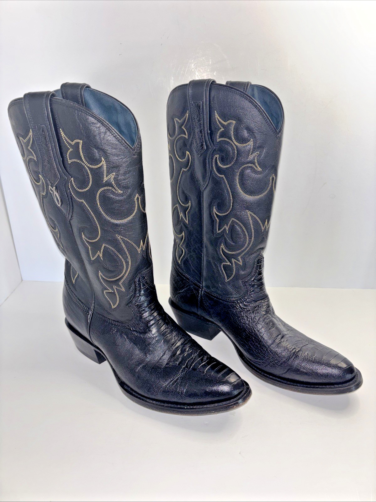Vintage Rare Botas Jaca Ostrich-Leg Emb Cowhide West Boot Metal “J”Pole Tabs