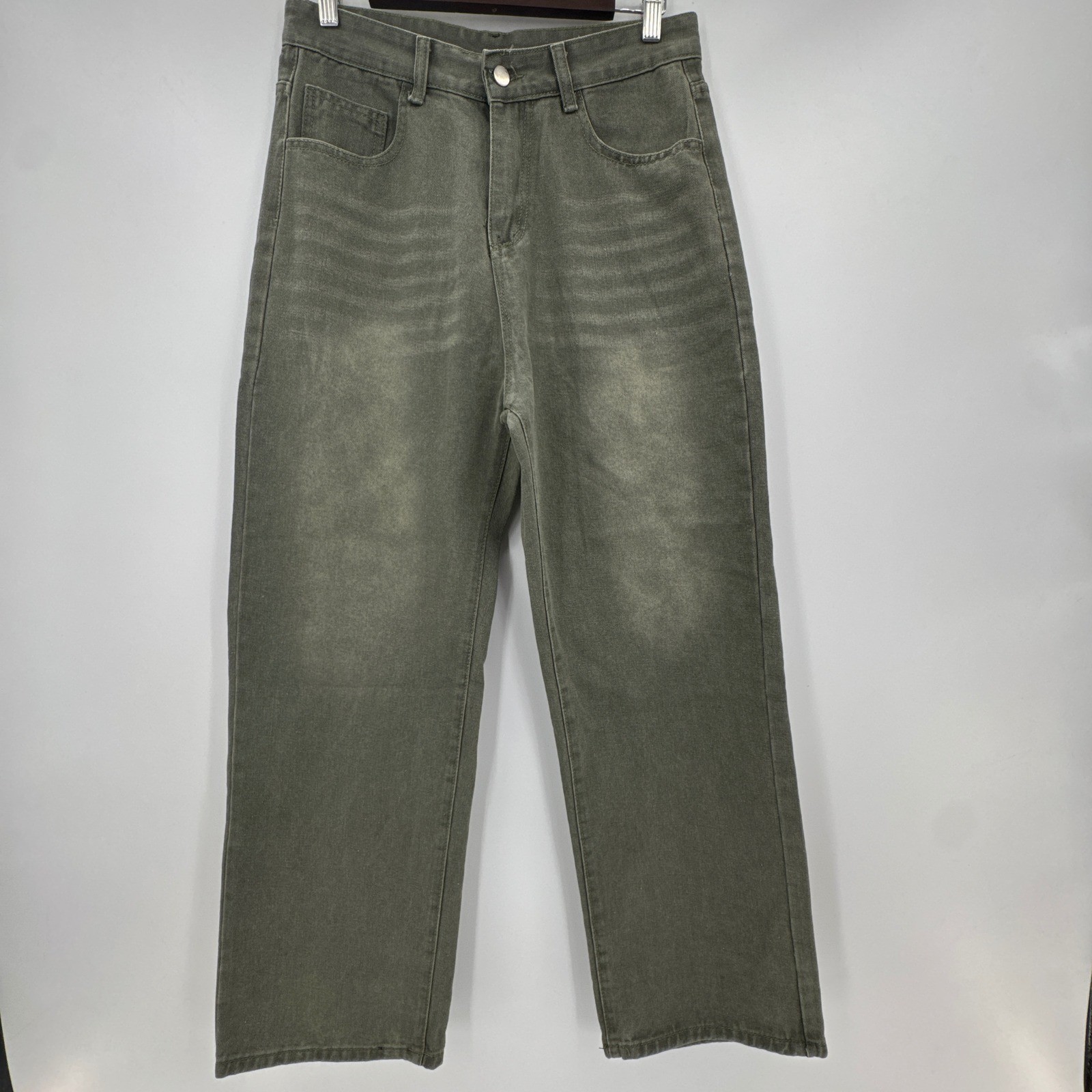 Olive Green Jeans Men L High Waist Straight Leg Faded Cotton Blend Denim