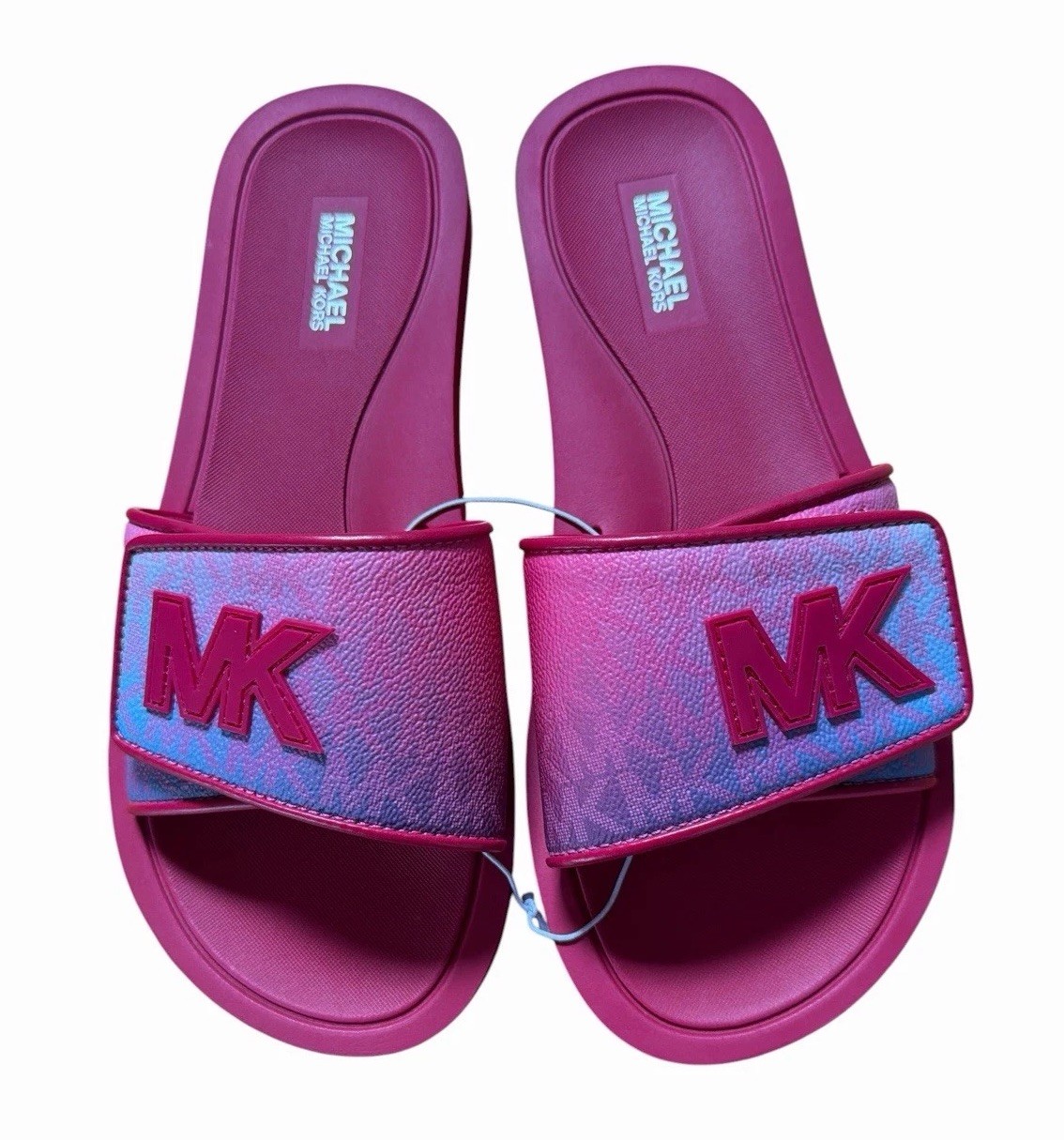 Michael Kors Palmer Logo Slide Sandals Ombre Dark Raspberry Pink Blue, Size 8