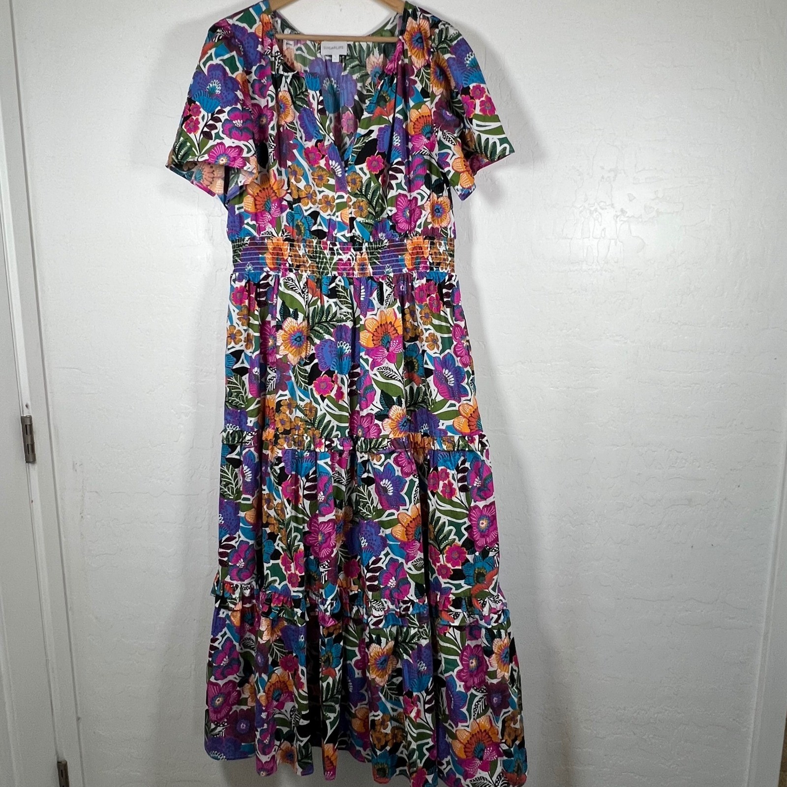 Sugarlips dress Floral Cotton Tiered Santa Elena Smocked Waist V-Neck Pockets 2X