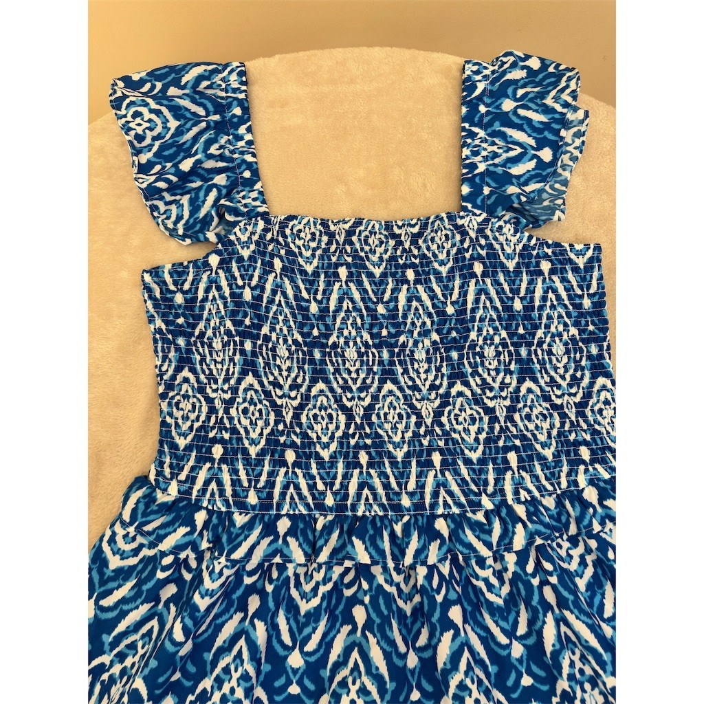MIXIT Maxi Dress Womens 2XL Blue & White Ikat Smocked Flutter Sleeve NEW!